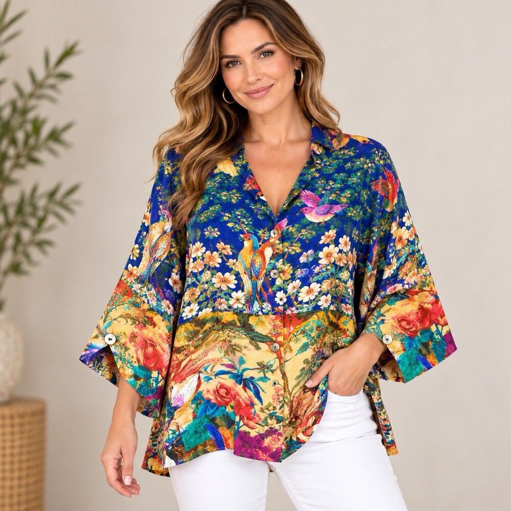 John Mark Bird Floral Button Front Tunic 2X Chinoiserie Artsy Boho Lagenlook